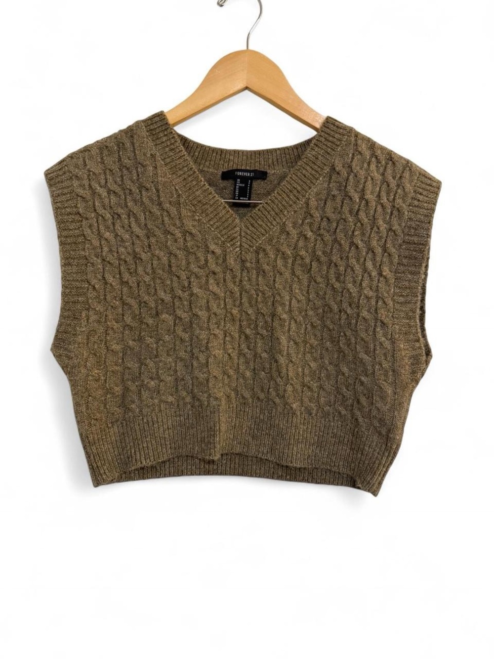 Forever 21 Brown Cable-Knit V-Neck Sweater Vest Cropped
